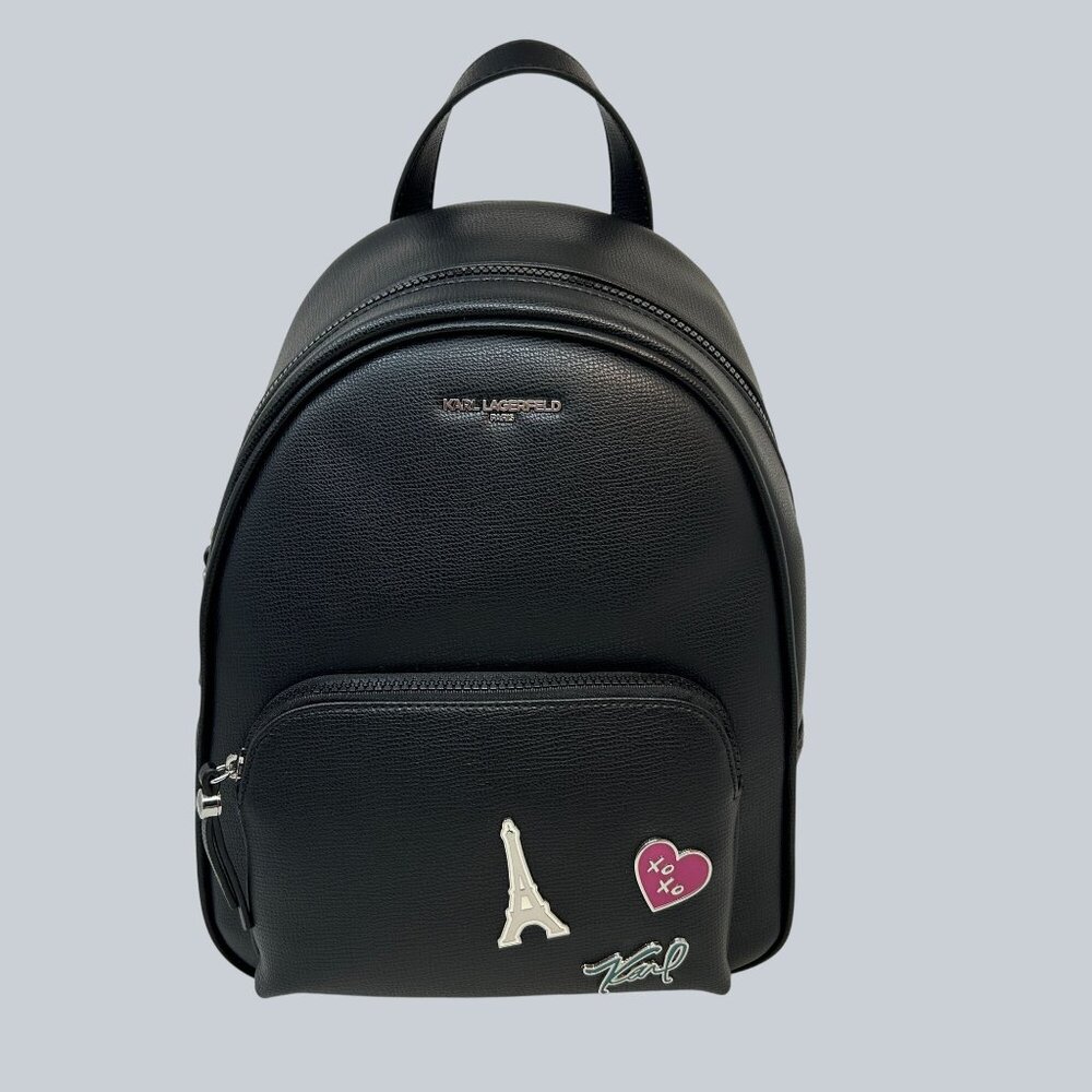 Karl Lagerfeld Paris Faux Leather Backpack With Eiffel Tower & Heart Pin Accents